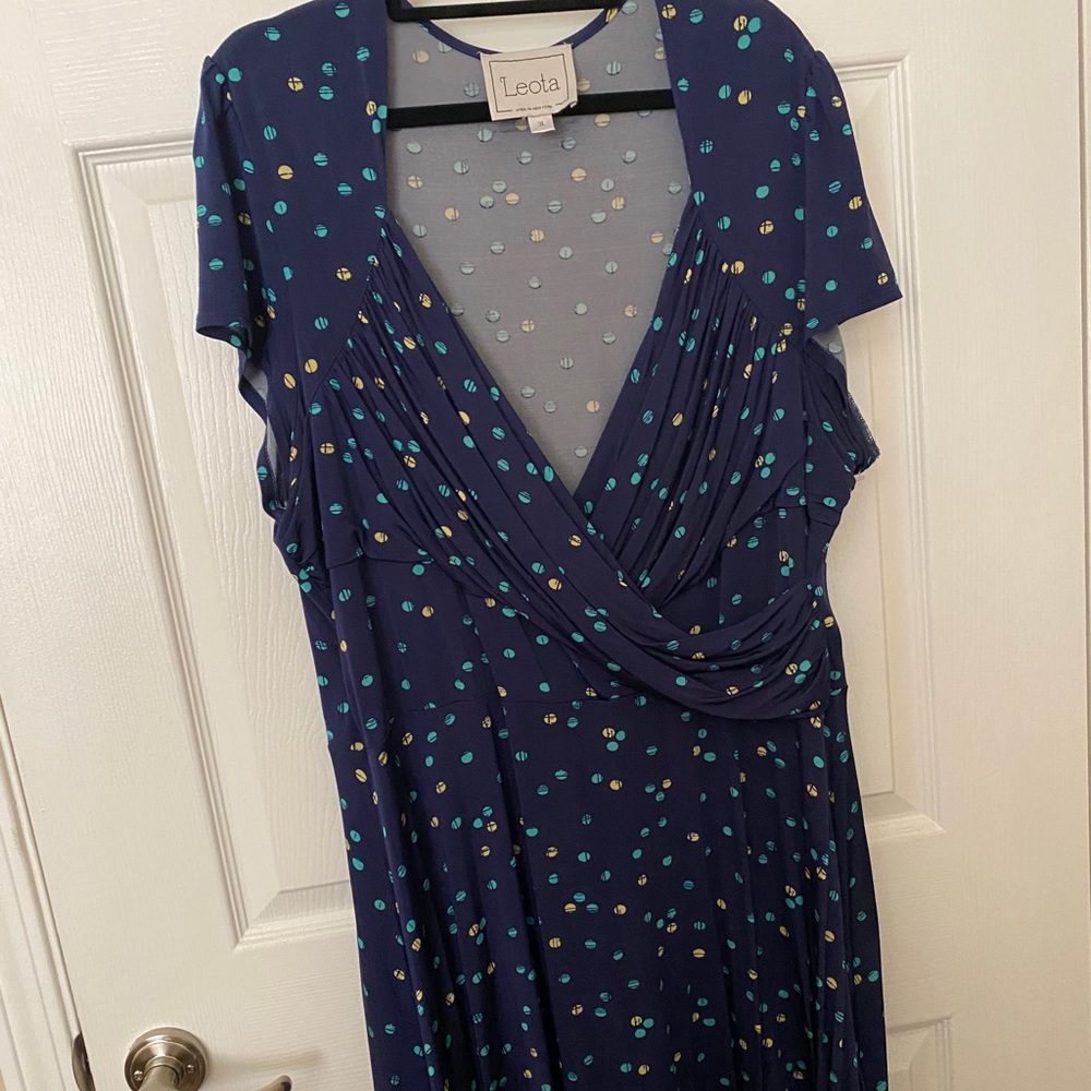 Leota Dark Blue w/ Green & Yellow Polka Dots Dress